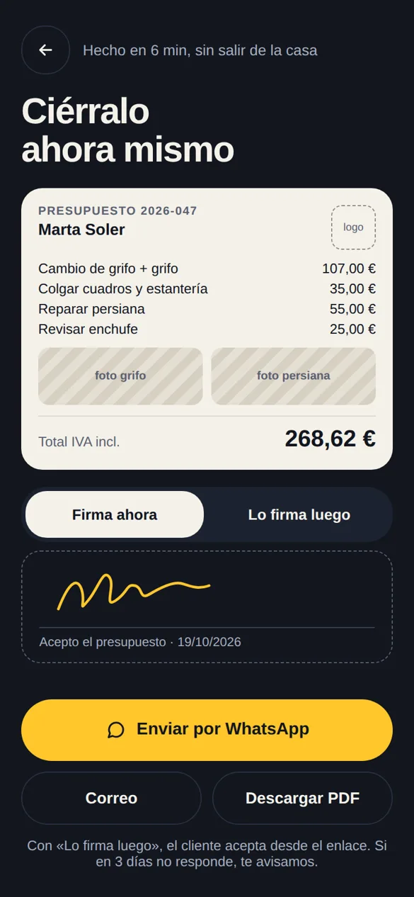 Pantalla de Pressu para enviar el presupuesto por WhatsApp y que el cliente firme en el móvil